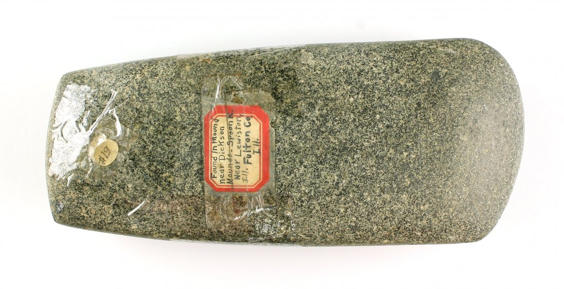 8 13/16" MASSIVE Celt: Found near the Dickson Mounds along the Spoon River near Lewiston, Fulton Co., Illinois. Speckled Granite. Huge and well formed.