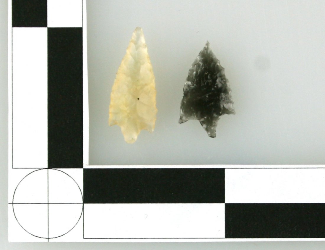 Pair of World Class Ebony & Ivory Calapooya Points: Super small at somewhere around 3/4" each. 100% translucent White Agate and 100% translucent Ice Obsidian. Both with needle tips and needle bases. Miracle they survived!! Both recovered in Southern Or