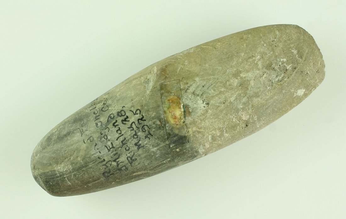 8" Slate Celt - EX MEUSER: Nice Ex - Dr. Gordon Meuser Celt found on the Ryland Farm 3mi E. of Shelby, Richland Co., Ohio May 28, 1925. Ex - Cowan Hood Collection. Green banded slate.