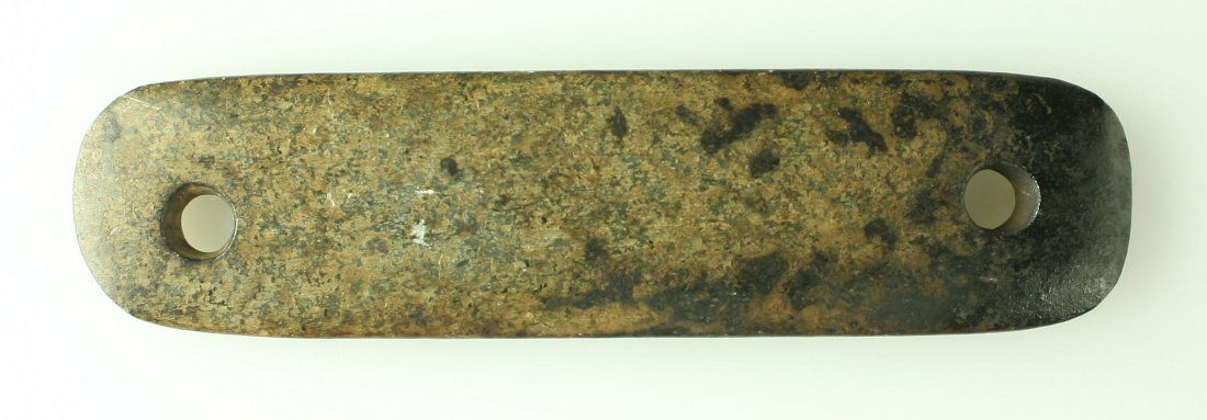 5 1/8" Gorget: found by Cliff Vergiles in Hughes Co., South Dakota. Looks to be a late prehistoric/early historic piece.