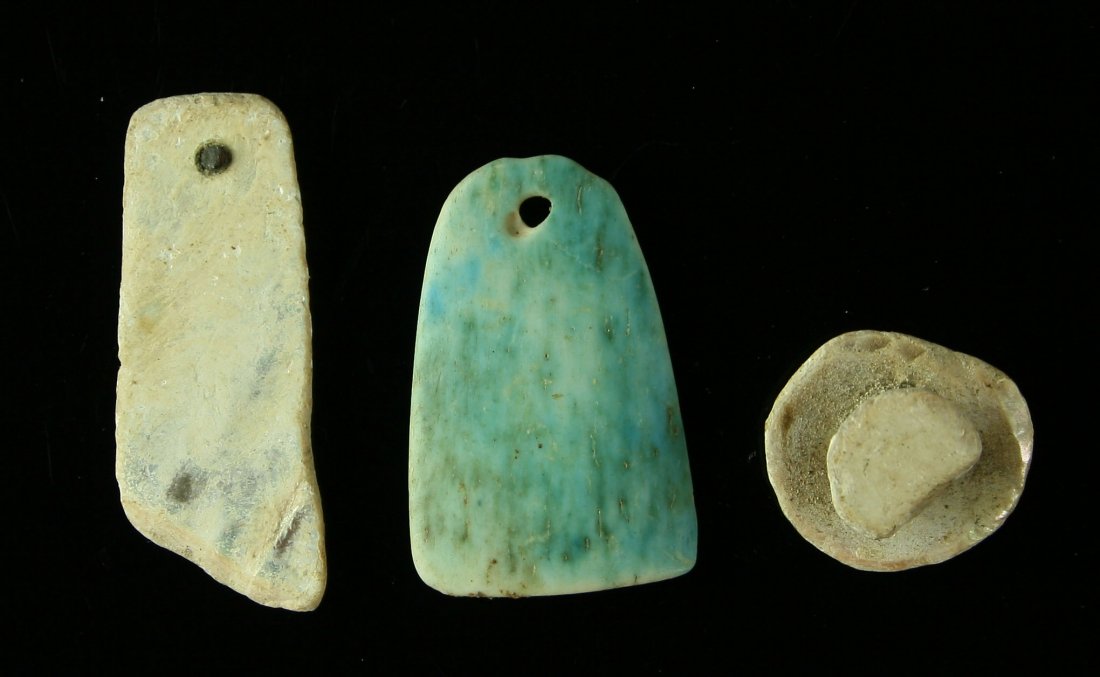 3 Bone/Shell Plains Adornos: Ear Plug, pendant, one bone pendant has been dyed/painted blue. Found by Ernest Schug in Hughes Co., South Dakota
