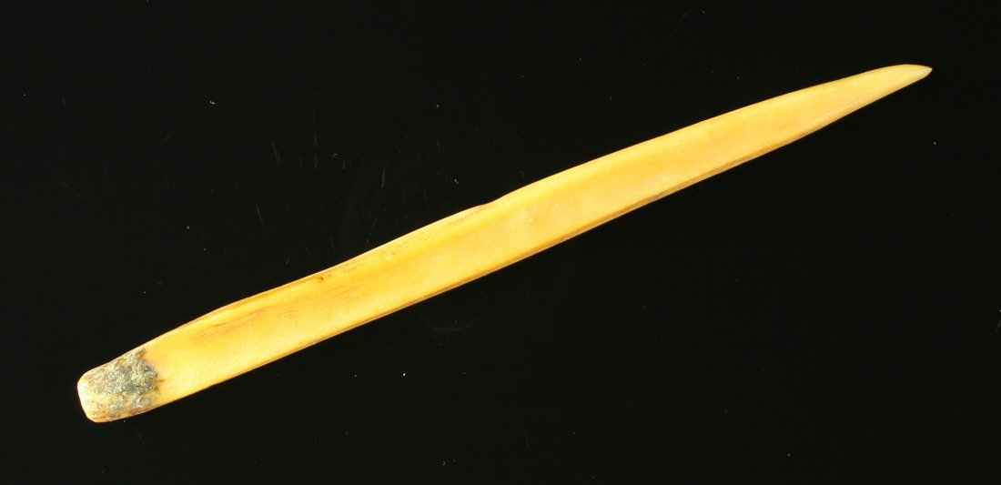 5 1/4" Bone Needle/Awl/Pin: Found by Ernest Schug between 1955-1965 in Cedar Co., Nebraska on private property. Nicely made with some hafting residue on one end.