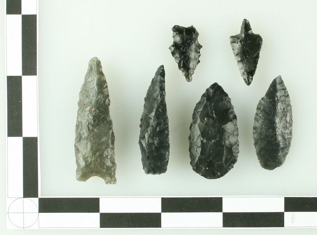 Assortment of Obsidian points.: All from Lassen Co., California and formerly of the Thelma Billman Collection.