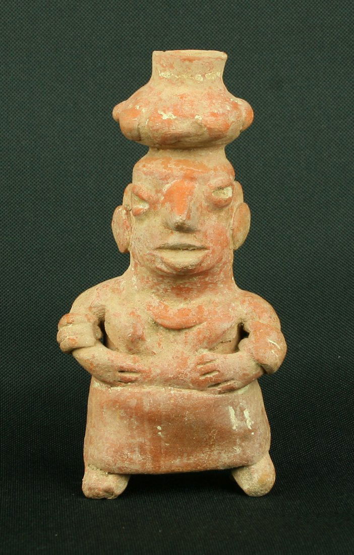 6" PreColumbian Nayarit Lady Figurine: Nice redware example from Mexico. Some remnant white paint. All there! Circa 100BC