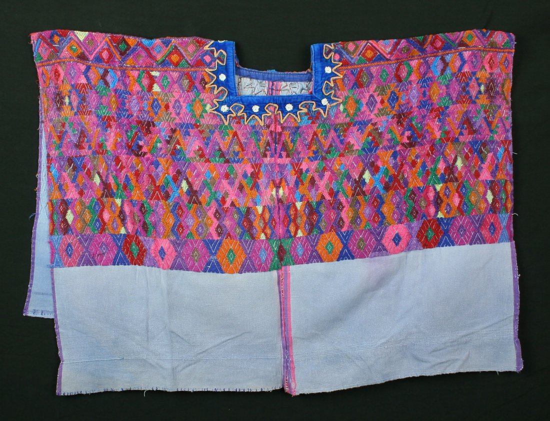 35"x47" Guatemalan Huipil: Hand (and foot) woven example with brocaded detail and excellent neckline. Dyed blue after weaving. Mid 20th century.