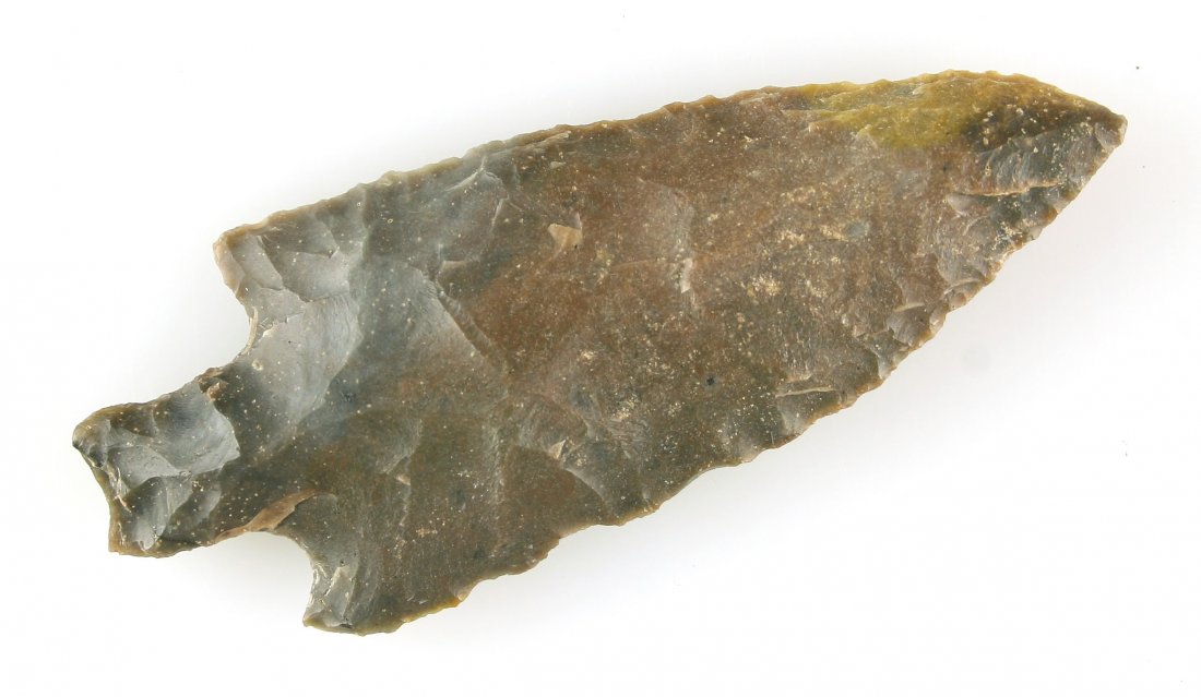 Big Beautiful 3 1/4" Sonora Buck Creek: Excellent crafted example with great symmetry. Pretty greens with yellows Sonora flint example from Fayette Co., Kentucky. Ex- John Sears Collection.