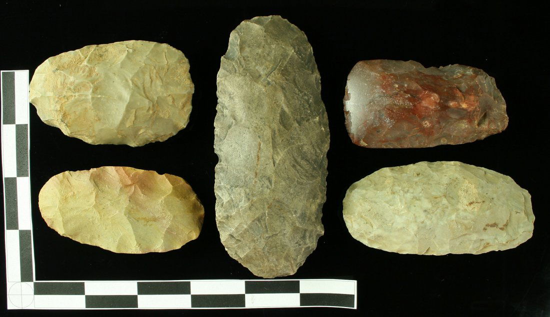 Excellent Collection of 5 Kentucky Polished Flint Celts: Red, green, brown, and cream colored examples. All ffom in Bath County, Kentucky. Biggest is Dover Chert and measures a hefty 4 1/2". All have excellent form and polish.