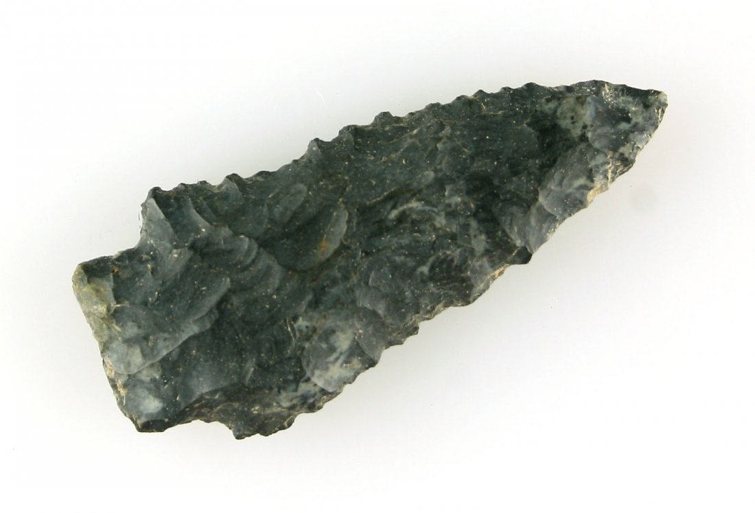 2 1/16" Kirk Serrated: Black chert example found by Ernest Schug in Cedar Co., Nebraska.