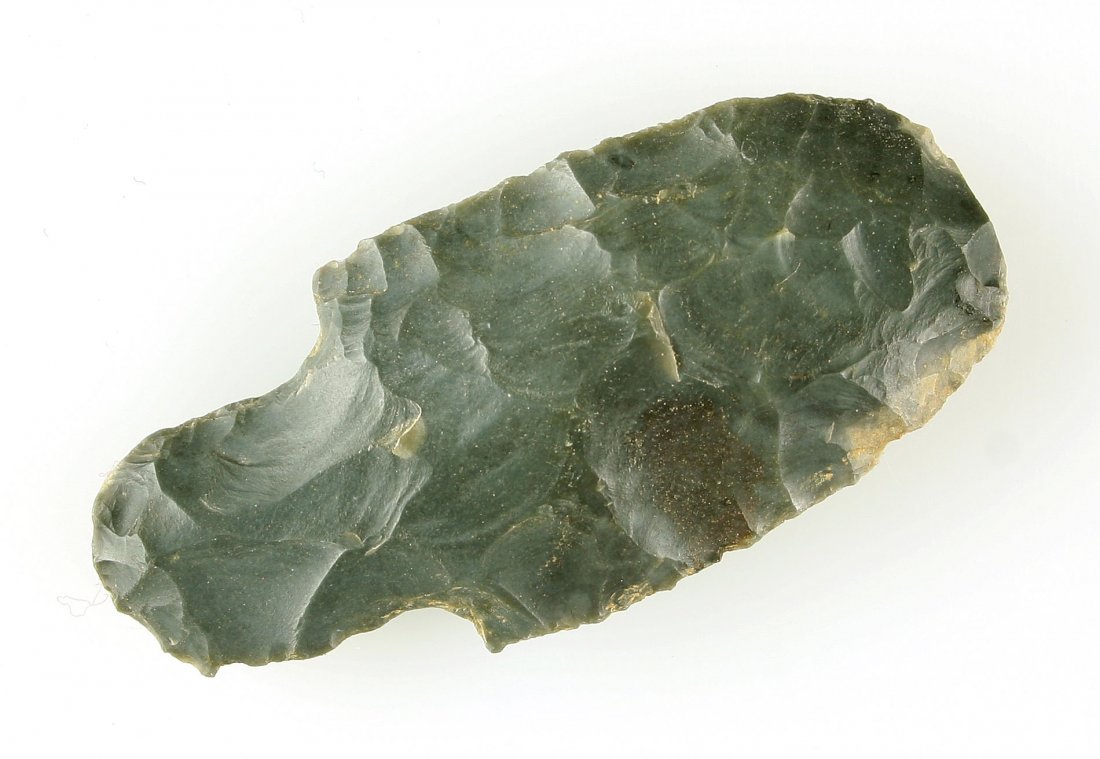 2 13/16" Adena Hafted Scraper: Hornstone example from Kentucky. Nice. Ex - Ellen Woods Collection.