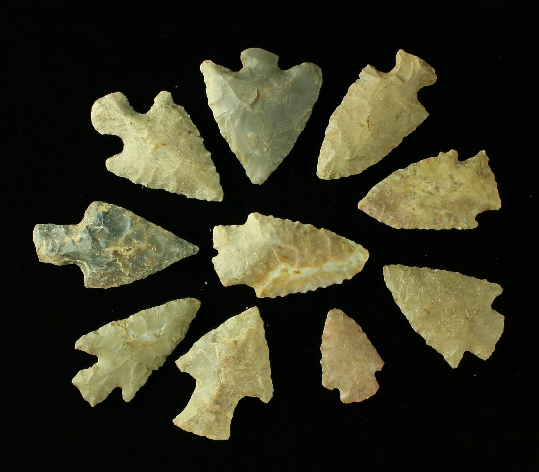 Great Collection of 10 Kentucky Stemmed Points: Excellent dealer lot. Buck Creek, Kirk, Wade, etc. All extra nice. Materials include Hornstone, Ft. Payne, Boyle. Average 2 inches plus each.
