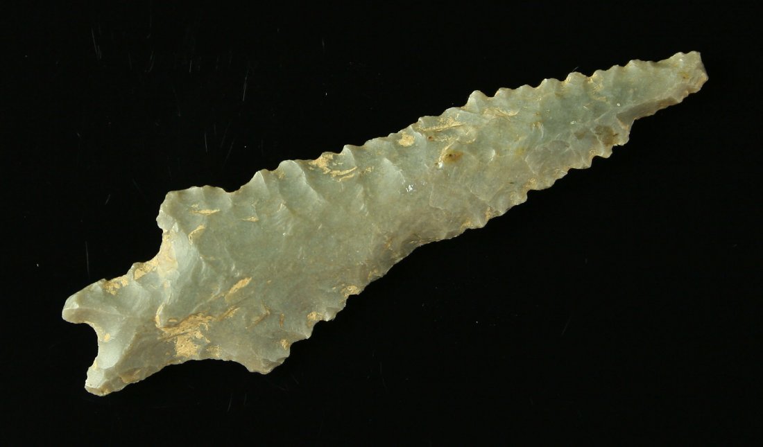 2 7/8" Kirk Serrated: Gray hornstone example with serrations. Found by Ernest Schug in Dodge Co., Wisconsin.