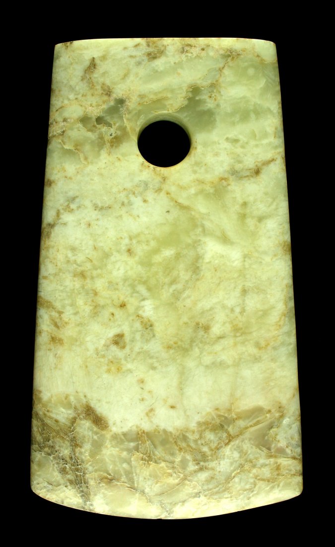 7 5/8" Chinese Liangshu Jade Axe: Nicely polished example from China. Exact age unknown. Displays very well on a shelf. Light cream and green jade with brown accents.