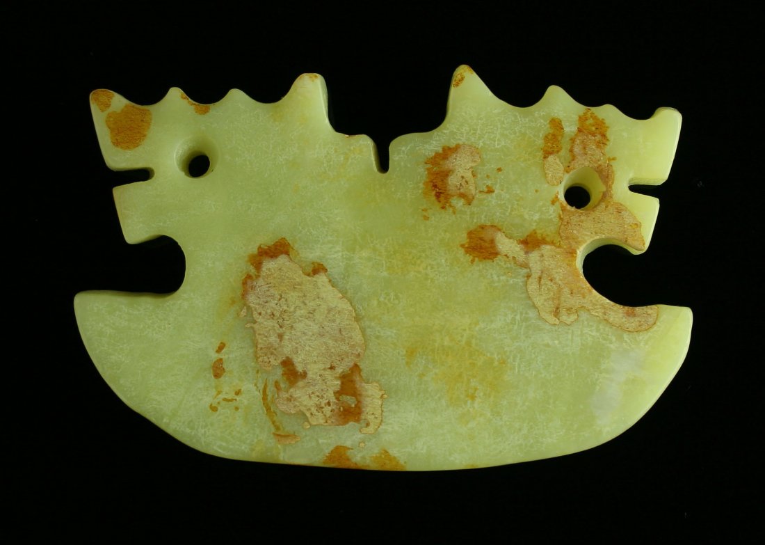 3 3/16" Early Style Chinese Axe Pendant: Hardstone (cold to the touch) possibly Jade with 'double dragon' form and exquisitely carved monster face on the front. Bi-concial drilling in the ancient manner. Extra pretty. Highly polished. Actual