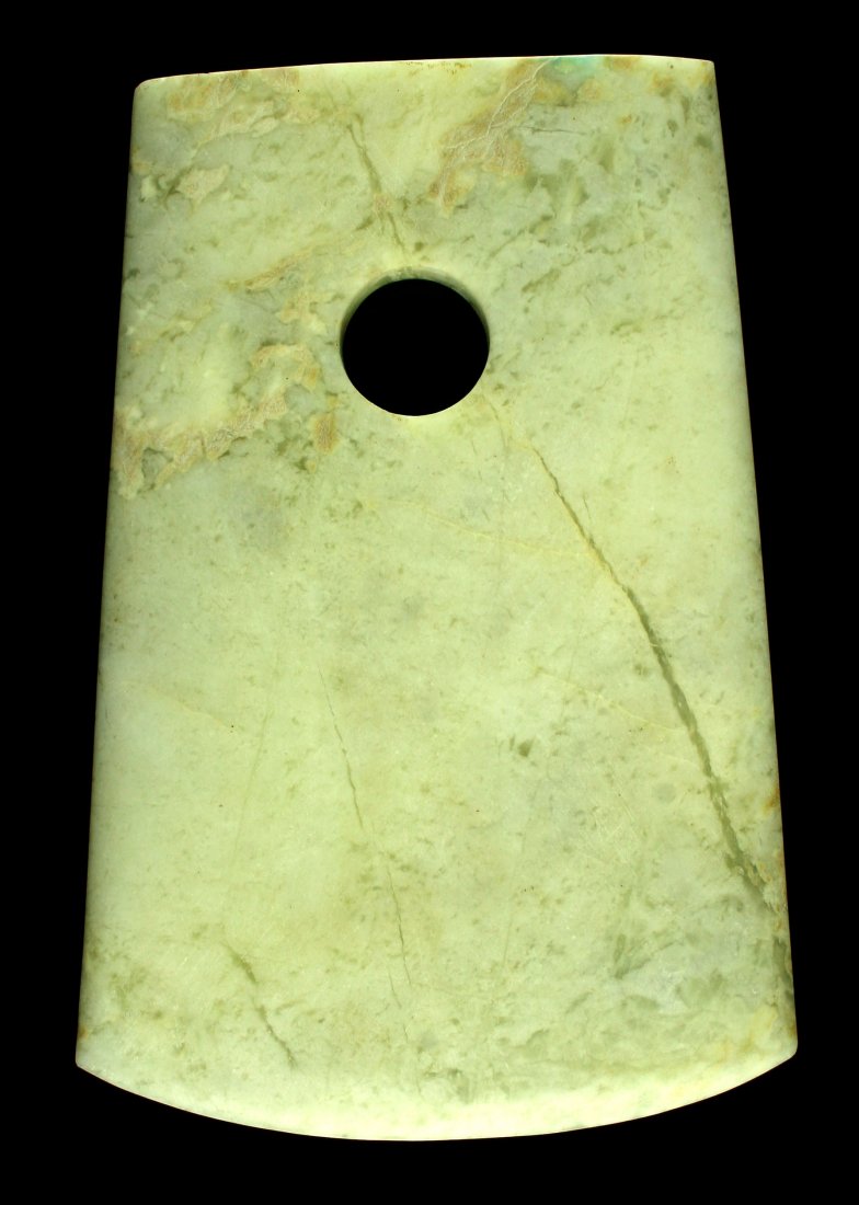 6 1/8" Chinese Liangshu Jade Axe: Nicely made example in a light green and cream jade. Chinese. Exact age unknown.