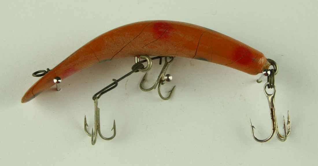 Vintage Flatfish Wooden Lure 'LU': Orange with black and red spots. Nice. 3 1/4"