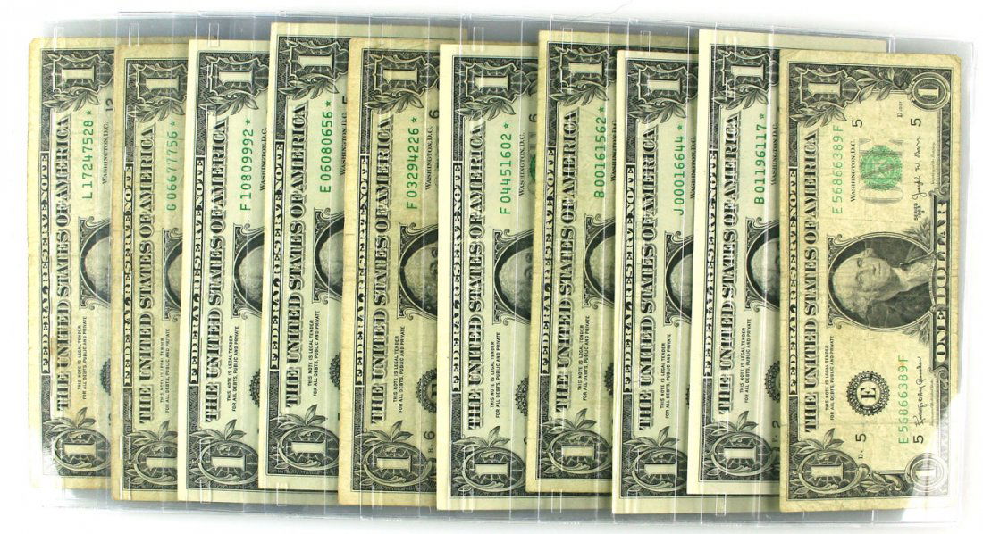 Assortment of One Dollar STAR NOTES: Ten total $1 bills. 9 of which are 'STAR' or replacement notes. One 'normal' Series 1963B note, Star notes as follows: 1999, 2001, 2003A (3), 2006 (3), 2009.