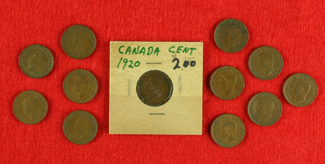 12 King George Canadian Pennies: 1920, 1932, 1940, 1946, 1947, 1948, 1949, 1951 dates represented. Some rare? Coins represented.