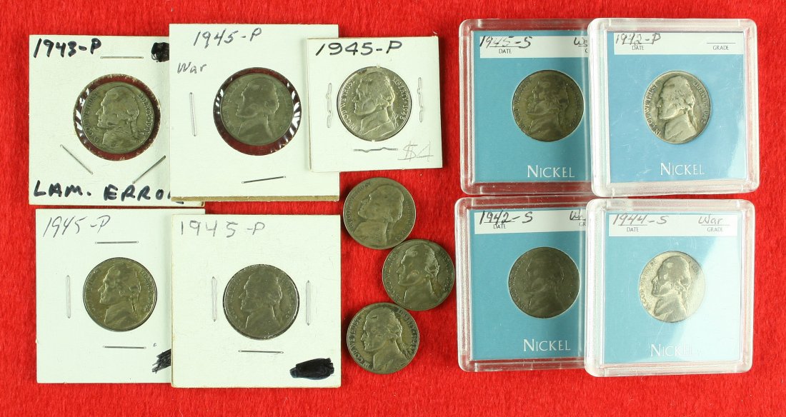 12 - 1942-1945 Silver War Nickels ONE ERROR COIN: 1942-P, 1942-S, (2) 1943-P, 1944-S, (5) 1945-P, (2) 1945-S. One ot the 1943-P's shows a distinctive lamination or crack in the die that was used. Both sides of the coin show this. One of the 1945-P's 
