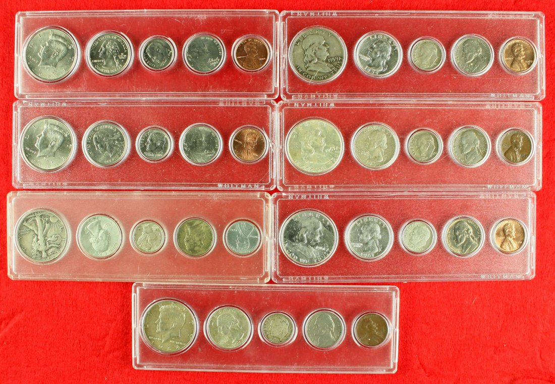 US Coin Sets - 1943, 1959, 1961, 1963, 1964, 2008(2): Nice example sets of coins from halves on down to pennies from the years listed. Silver coins in most sets.