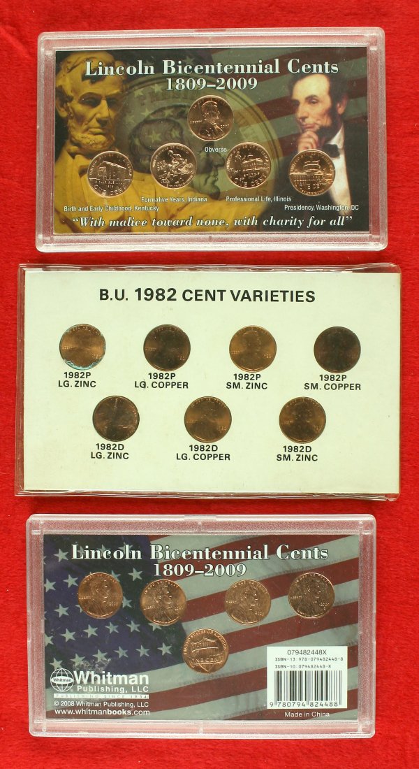 Lincoln Cents Sets Bicentennials and 1982 Variants: Set of three holders, two compelte uncirculated/proof sets of the 2009 Bicentennial editions and a Holder with 1982 Cent Varieties. Neat