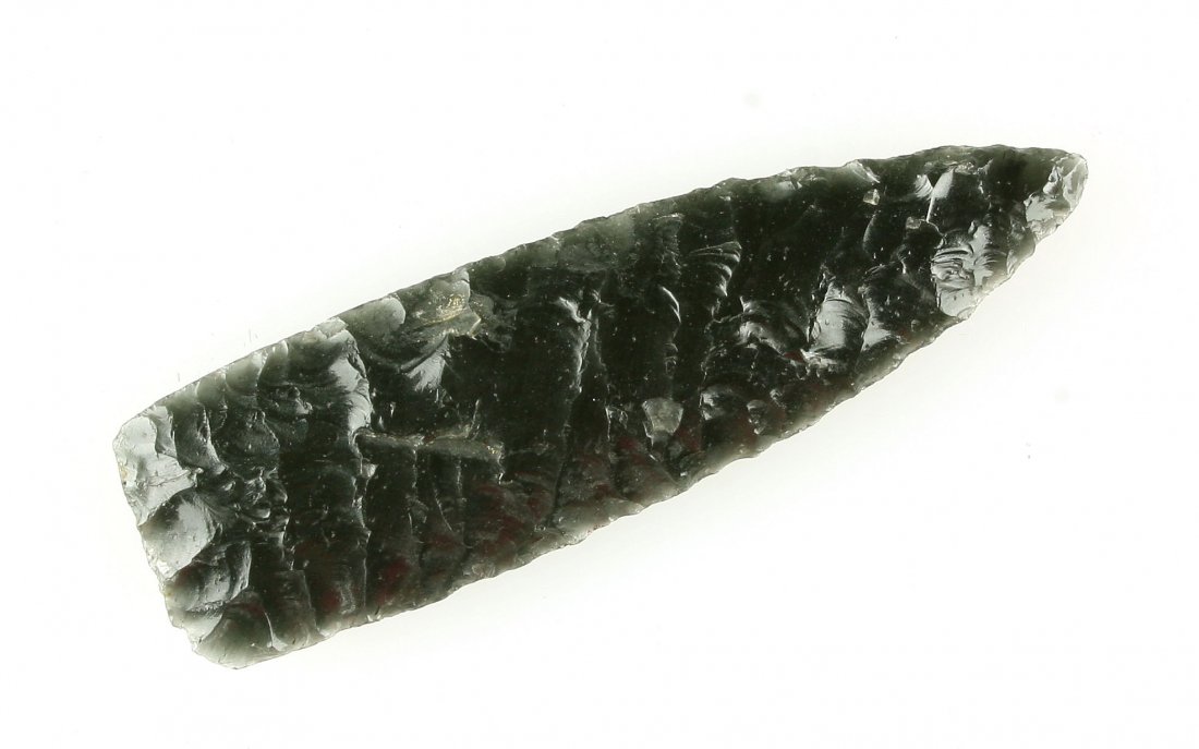 Awesome 2 3/4" Obsidian Firstview - Jackson G-10 COA: Beautufully translucent around the perimeter with flaking to die for. Ex-Nathan Forrest of Coryell County, Texas. Later collected by Russell 'Bug' Long - his catalogue # T127/52._x000D_ Killer example