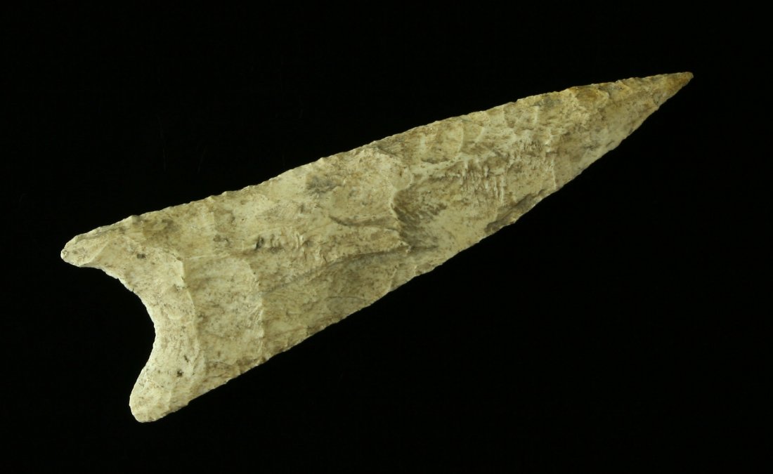 Rare 2 13/16" Santa Fe - Tatum G-9.5 COA: A needle tipped Florida sweetheart. Thin with long ears, great form and color. Made of raw Ocala Formation chert. Found in Marion Co., Florida. Ex- Greg Coursen Collection. Accompanied with a Carlos T