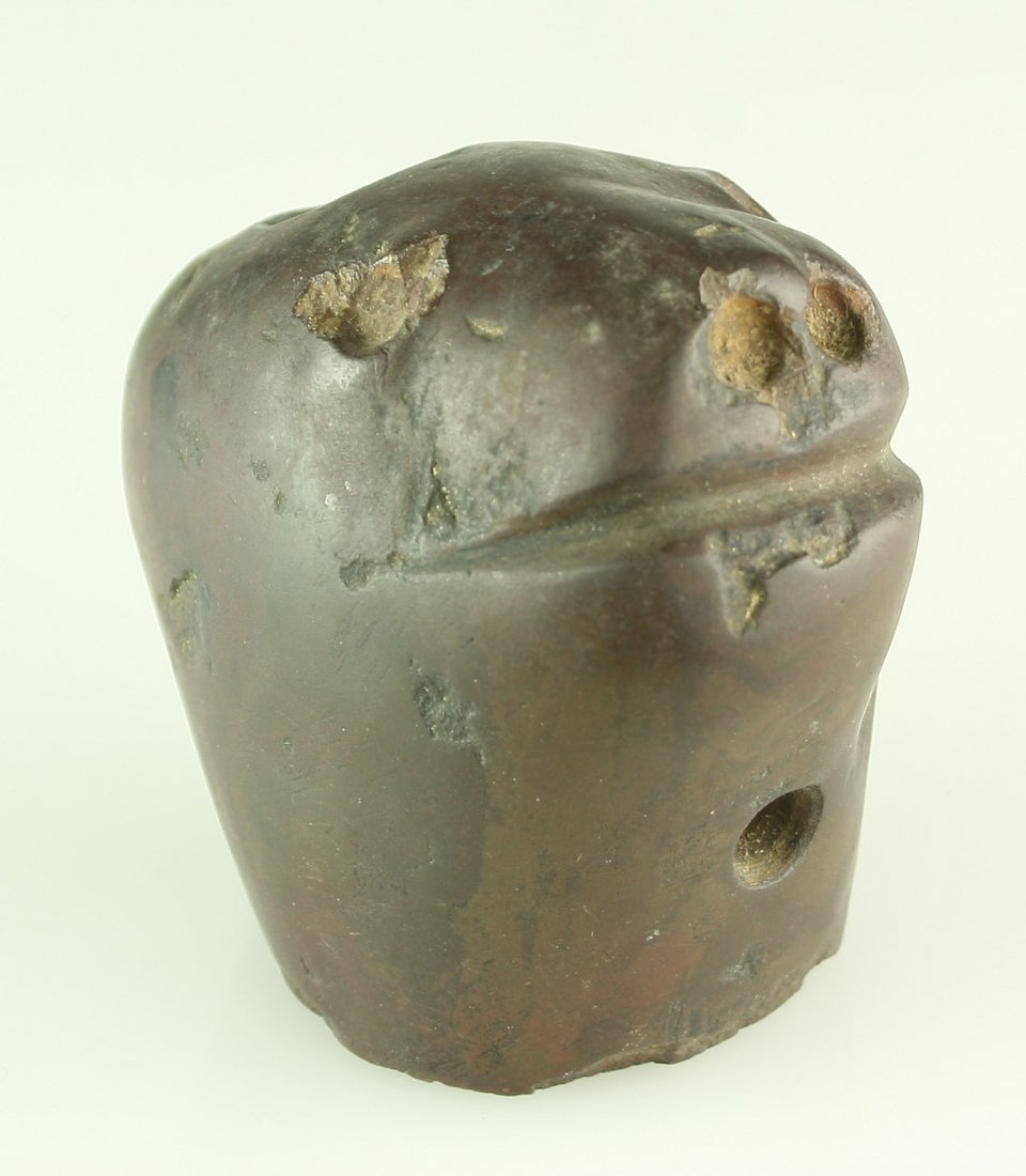 Extraordinary Ex- Townsend & Payne Mississippian Effigy: Super rare Animal Effigy pipe could be a bear, an otter, or a beaver. Distinct mouth, nose, and eyes with beginning dimples for holes. Highly polished dark Pipestone. "Found near Milton in Pike Co., I