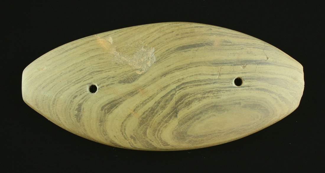 5 1/8" Ovate Gorget: Green Banded Slate example from Ohio.