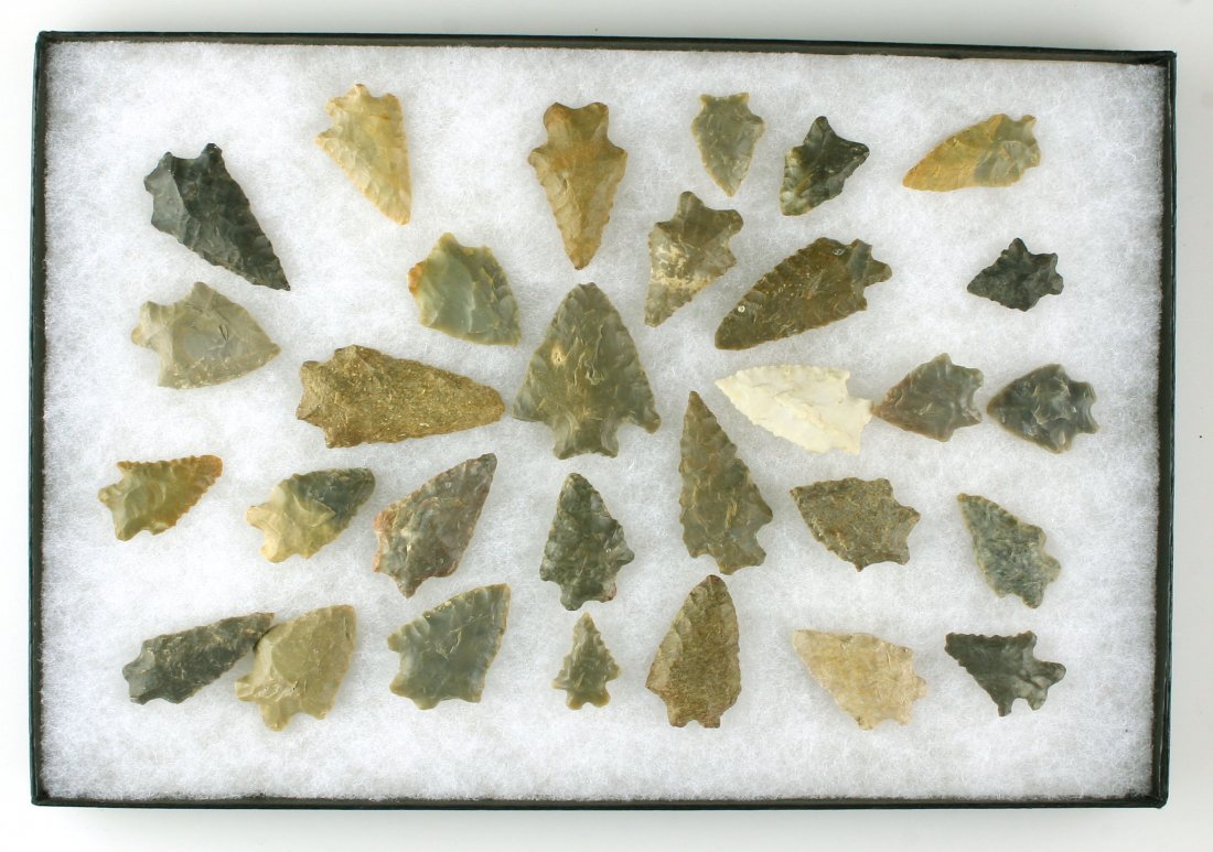 Excellent Display of 30 Archaic Bifurcates: Great 8x12 display of Archaic Bifurcates, Kirks, Maccorkles, LeCroy and others. Nice! Ex - Bratcher Collection. Kentucky.