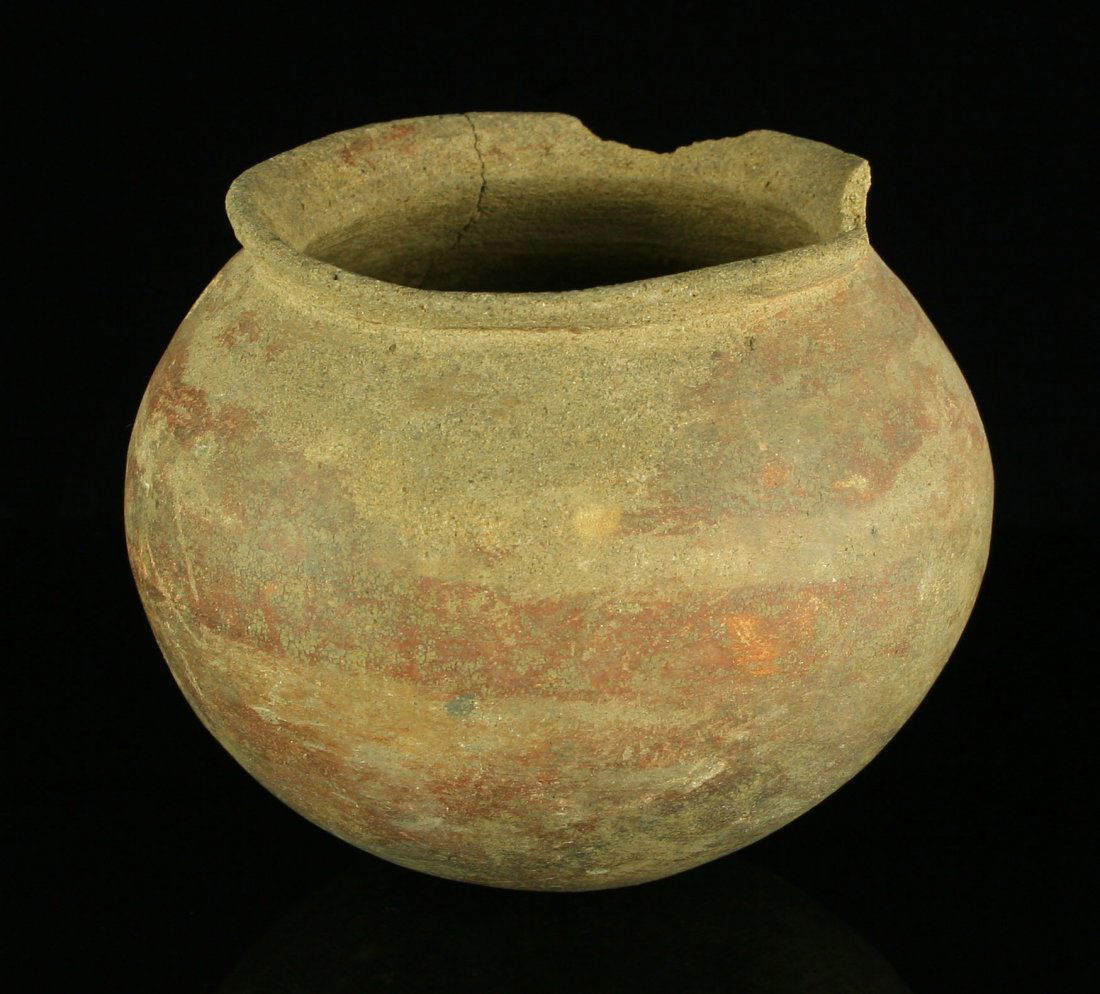 5 3/4" Caddo Redware Pot.: Sand tempered example from Iron Co., Texas and formerly of the Western Reserve Museum and Bratcher Collections. Loaded with mineralization.