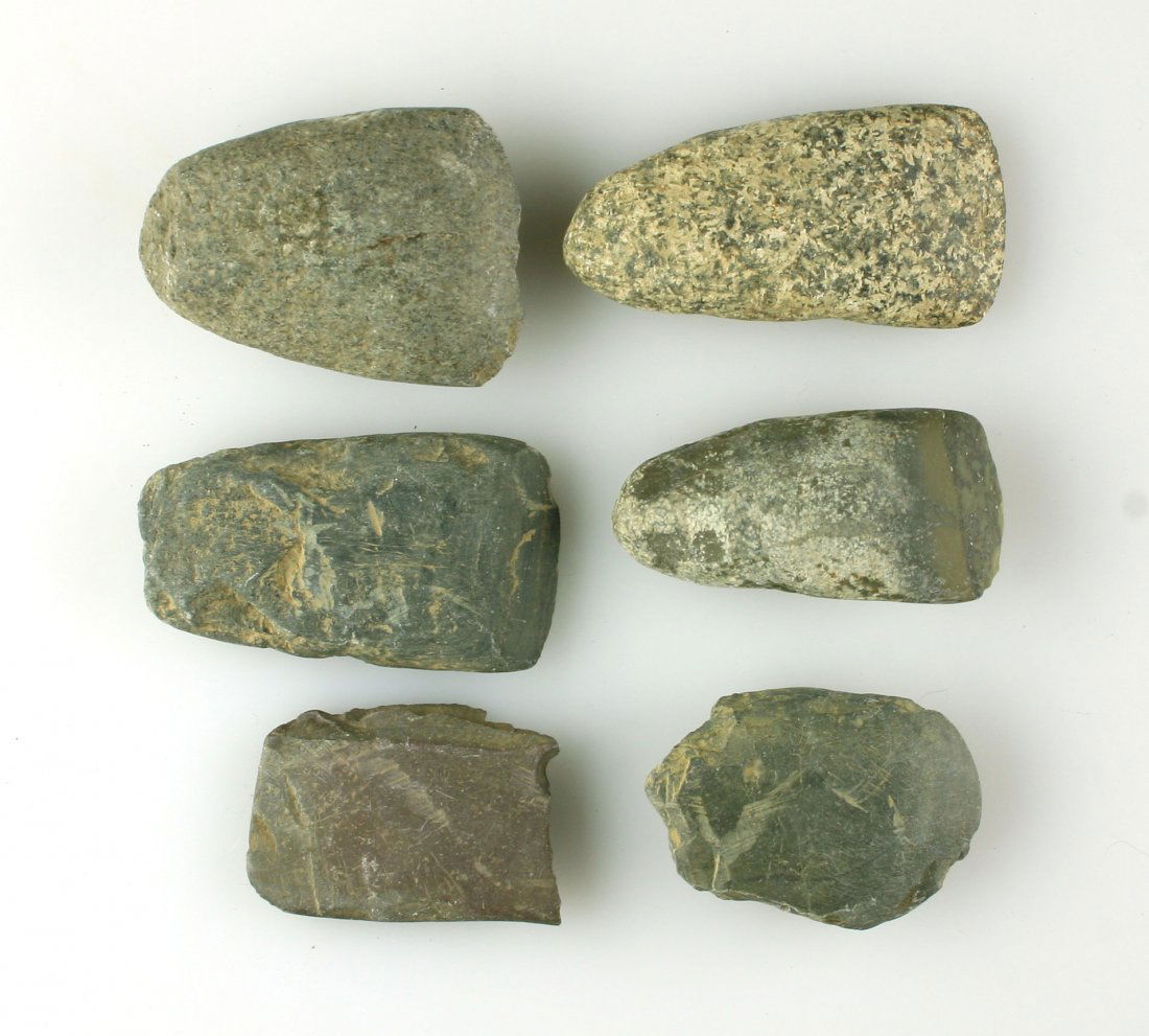 5 Celts +slate: 5 Smaller Celts with a fragmentary slate pendant or gorget. Good assortment from a Cleveland, Ohio estate.