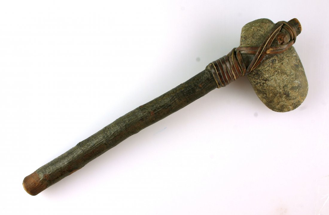 4" FulL Groove Axe with Recreated handle: Good authentic axe head put on a modern haft for display. Granite. Nice! Ex - Bratcher Collection.