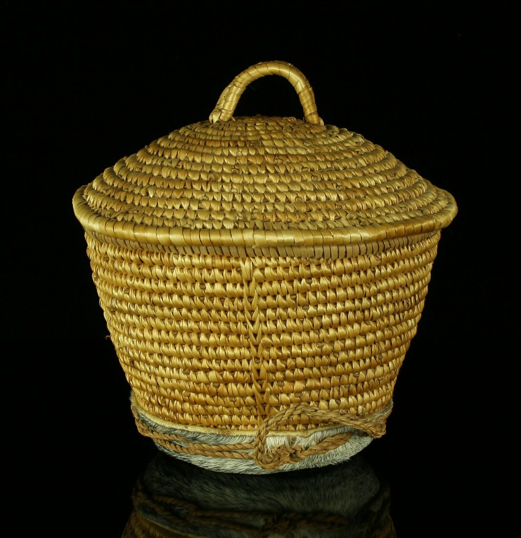 7.5"x7.5" Inuit Basket with Fur Base: Nice Inuit/Eskimo basket with a fur lined base. Alaskan.