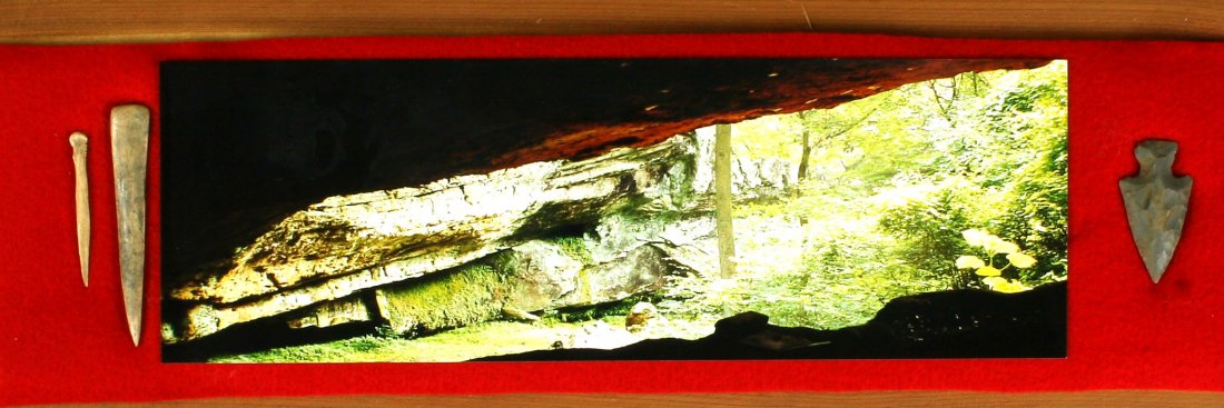 2" Buck Creek with Bone Awls In Case: Super nice display of a point and two bone awls found at Big Peters Cave in Ohio Co., Kentucky by Dale Bratcher. Includes a 18x6" Cherry Wood Frame. Excellent buy.