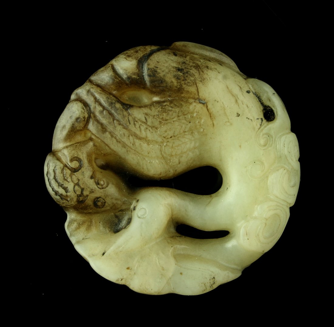 Old Chinese Dragon & Phoenix Jade Pendant / Ornament: Great carving. Great old well aged appearance. Ming Dynasty style. Grooved on one end as if it might have been used as a finial of some sort. 47mm round by 17mm thick. Weighs 48 grams.