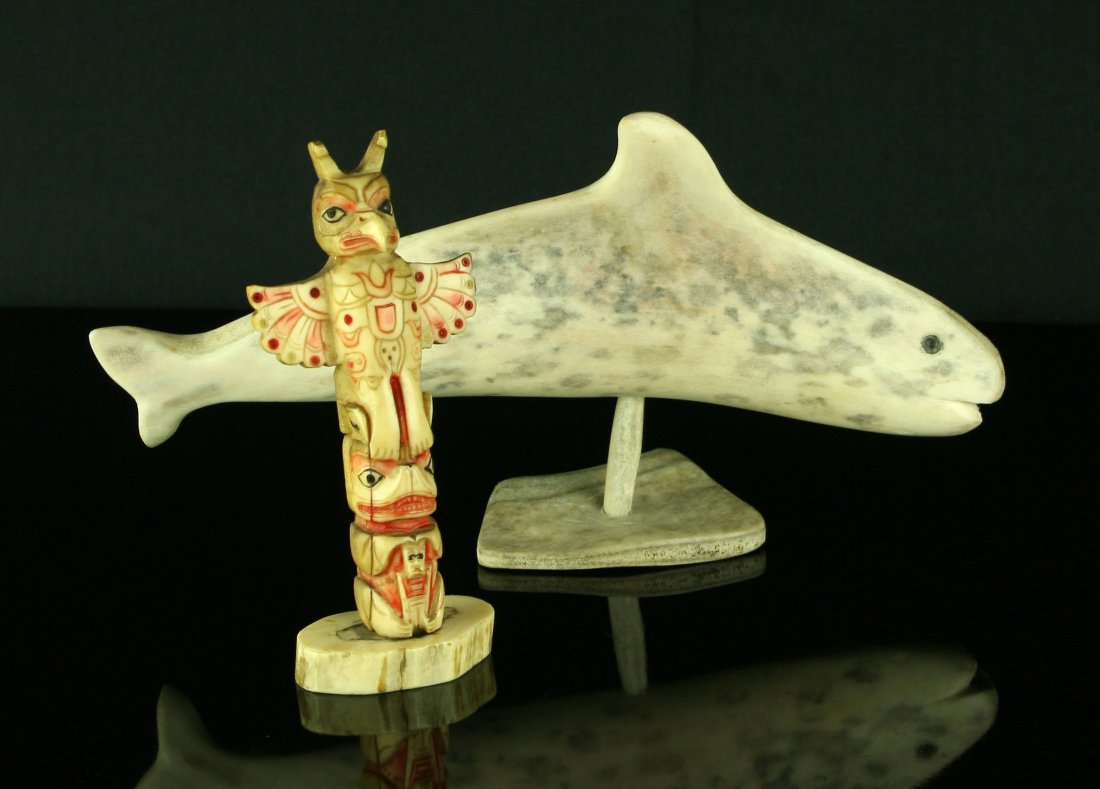 Alaskan Native American Carved Totem pole and Whale: Vintage carvings - Totem appears to be Walrus Tusk Ivory of which sale is protected under Native American Arts & Crafts Law and not subject to the current ivory ban. Excellent Whale effigy carving Als