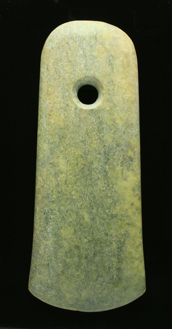 9 7/8" Chinese Greenstone Liangshu Axe: Nice early-style example in a green quality stone from China. Exact age unknown.