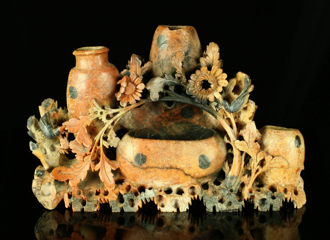 6"x9.5" Chinese Soapstone Open Vase: Features 4 separate vases and ornate detailed carvings.