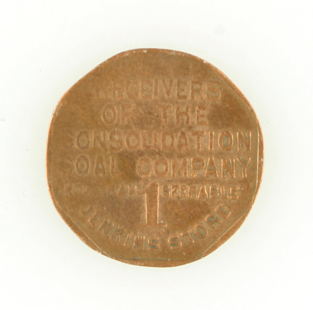 1 cent CC Coal Scrip: Consolidated Coal Company - Jenkins Store - Unique piece of Kentucky Coal Mining History. Jenkins was a company town built and owned by Consolidated Coal and its miners were paid in Coal Script.