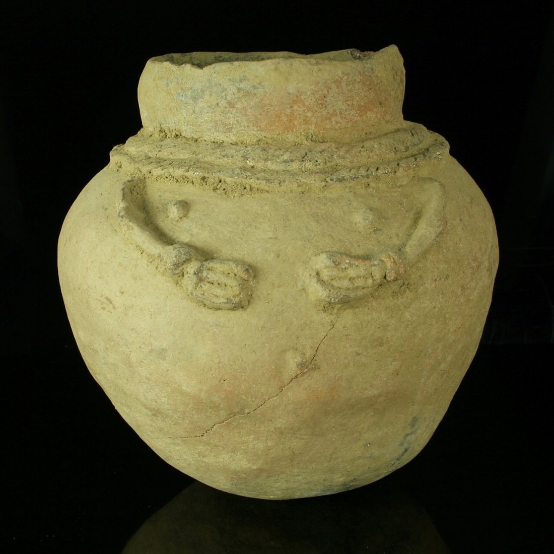 Large 10.5"x10.5" Tairona Buffware Pot: From the Santa Marta Region of Colombia. Nice with decorated human effigy features