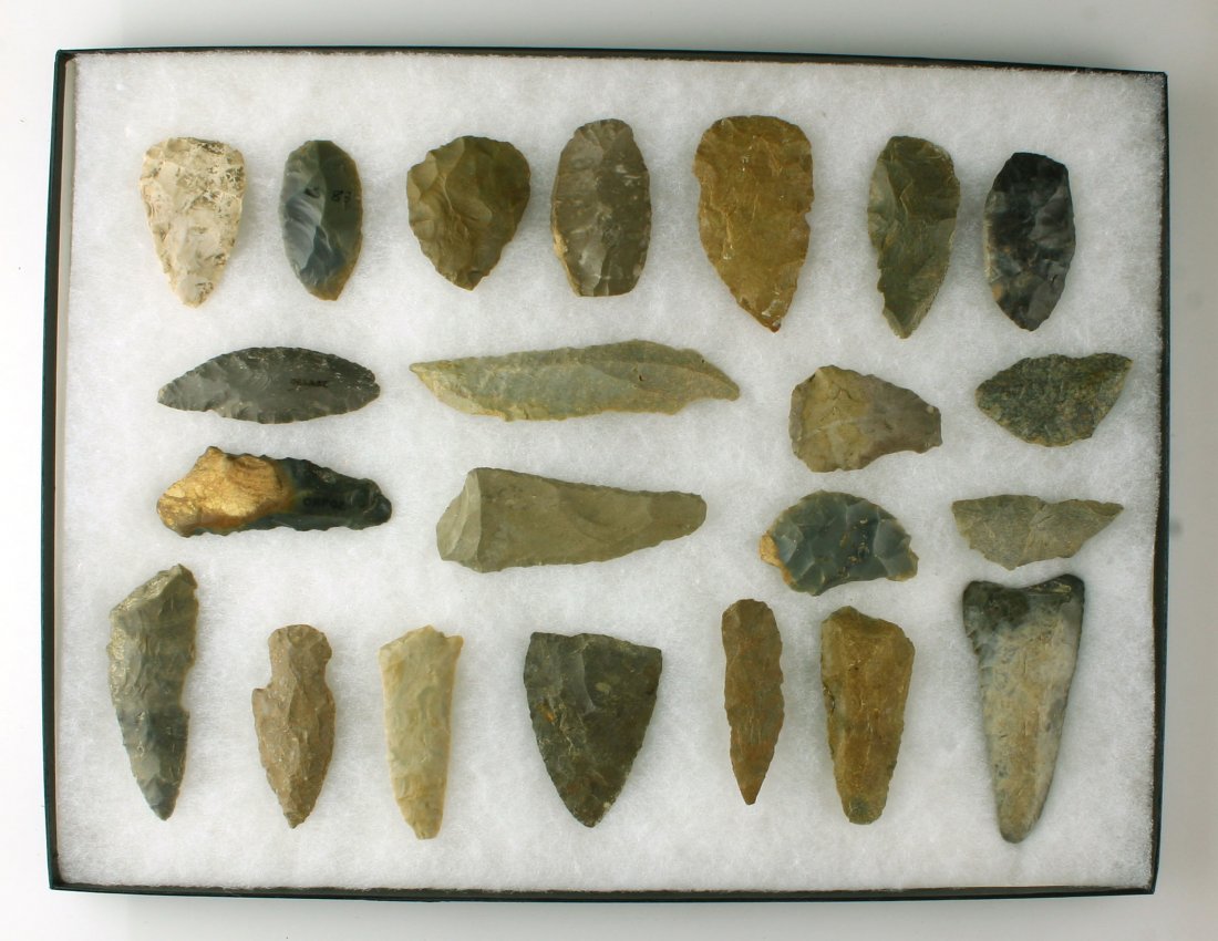 22 Blades with Frame: Excellent display with blades and scrapers from Western Kentucky. Ex - Dale Bratcher Collection.