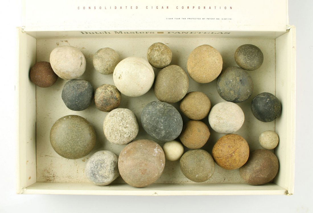 Cigar Box full of Game Balls: Large grouping of game balls of various sizes from 5/8" to 1 3/4"