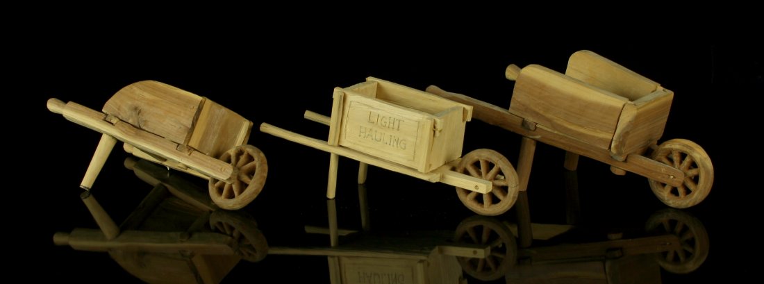 3 Hand Carved Wooden Wheelbarrows (1 of 2)
