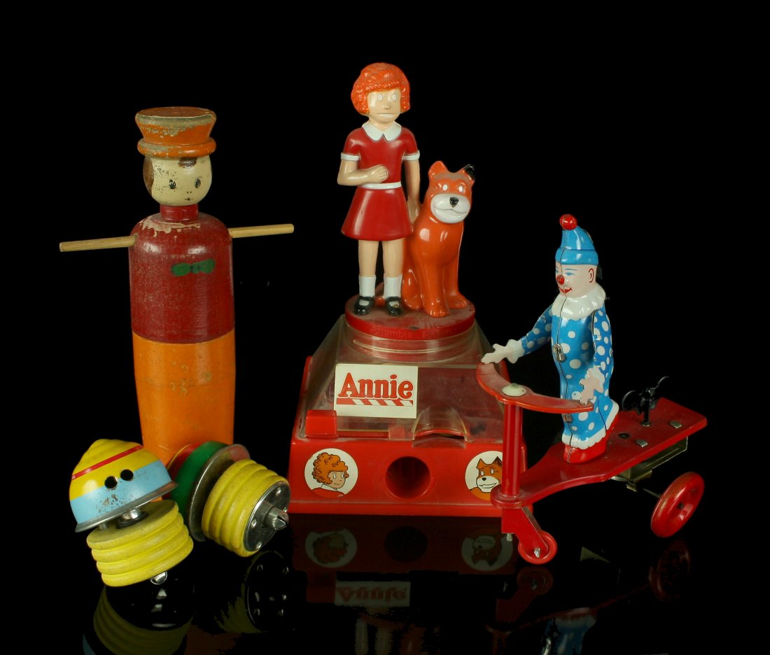 Lot of 5 Vintage and Replica Toys: Clown and Pop-its are replicas, Annie Gumball Bank and Wood Soldier are original vintage. Nice lot.