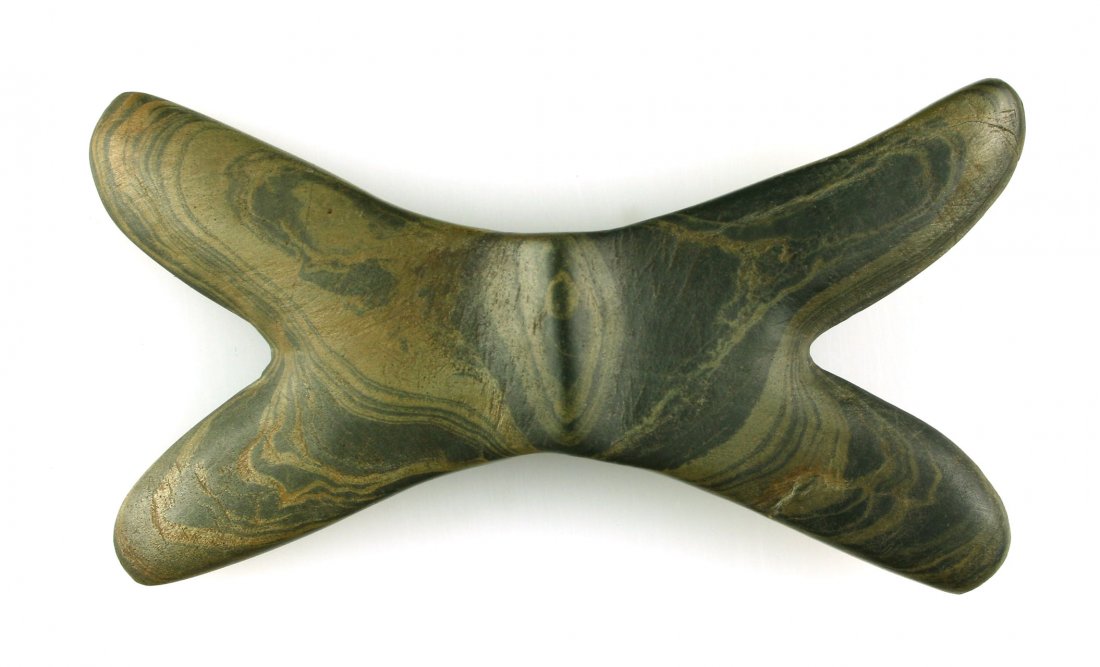 Stupendeous 5 1/4" Double Crescent Bannerstone -: Perfect symmetry. Made of well patinated green to cream banded slate. 5 1/4" X 2 7/8" X 1". Ex- Robert Ankrom Collection. Found in Butler Co., Ohio. Jackson G-9+ COA. Rarely offered form especially in