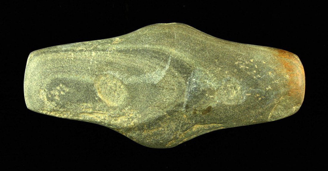 4 1/4" Undrilled Expanded Center Gorget: Nice example with started holes. Found by Kenneth Broughton in Carter Co., Kentucky near Grayson.