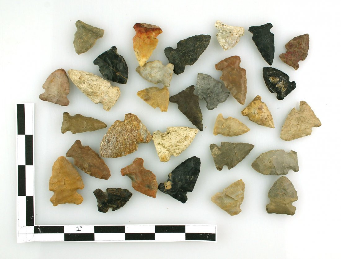 30 Big Sandy / Side Notched type Arrowheads: All found in Carter Co., Kentucky by Kenneth Broughton. Various local materials - Carter, Boyle, Hornstone, Fort Payne, etc. Most all completely intact. Biggest measures 1 3/4".