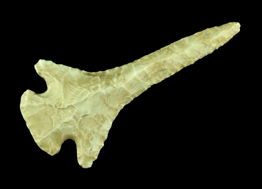 3 7/16" Dovetail Drill - Partain COA: Superb form and symmetry. Creamy colored glossy high grade Ohio chert. Ex- Jack Sexton Collection. Found in Harrison Co., Ohio. Partain COA.