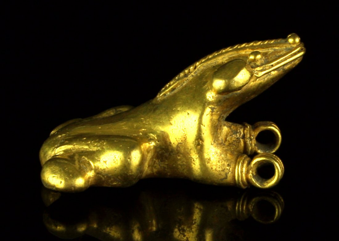 1 9/16" Tairona Gold Frog Effigy Pendant -12.3 grams: Tumbaga Gold example from Colombia in the form of a frog. Private Pennsylvania Collection.