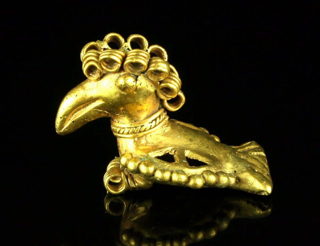 1 3/8" Tairona Toucan Effigy Gold Pendant: Tumbaga Gold figure from Colombia weighing 10.7 grams. Detailed. Private Collection.